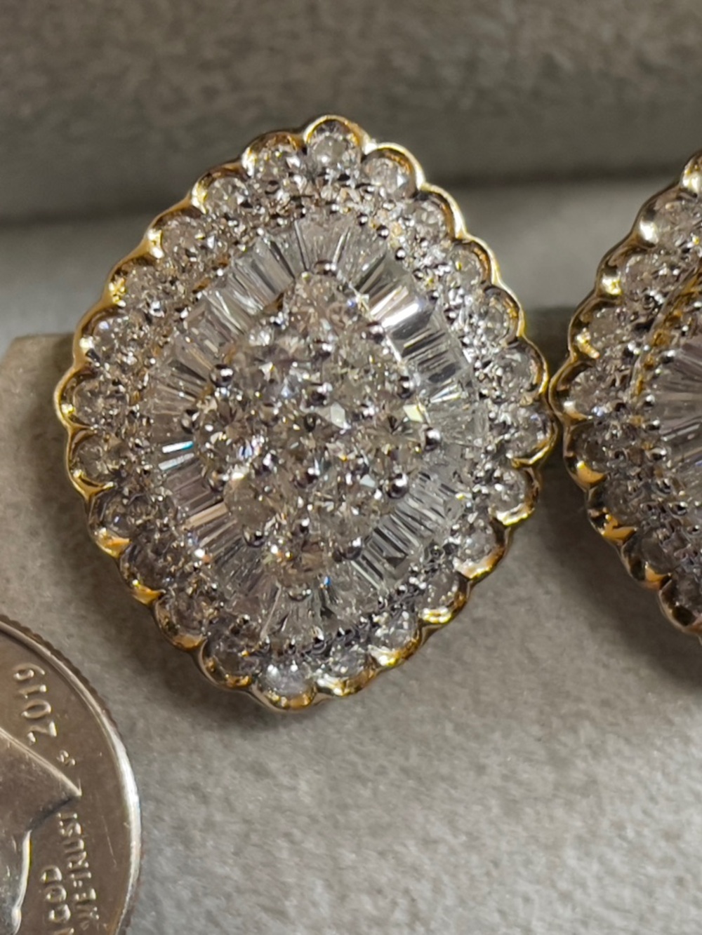 Gold 14k Round Baguette Diamond Cluster Omega Clip Earrings - Picture 2 of 3
